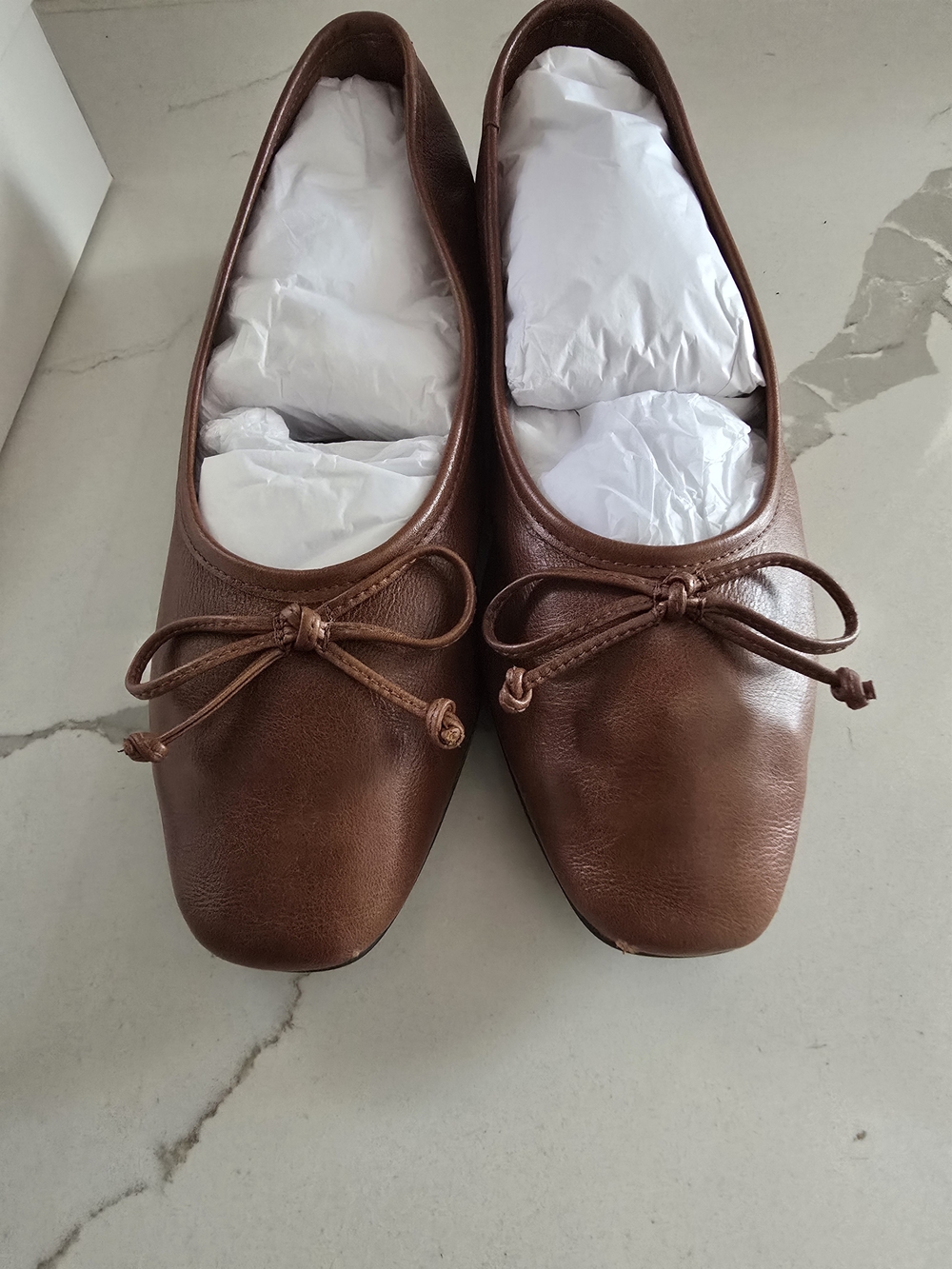 Brown Leather Bow Ballet Flats - Women's Shoes